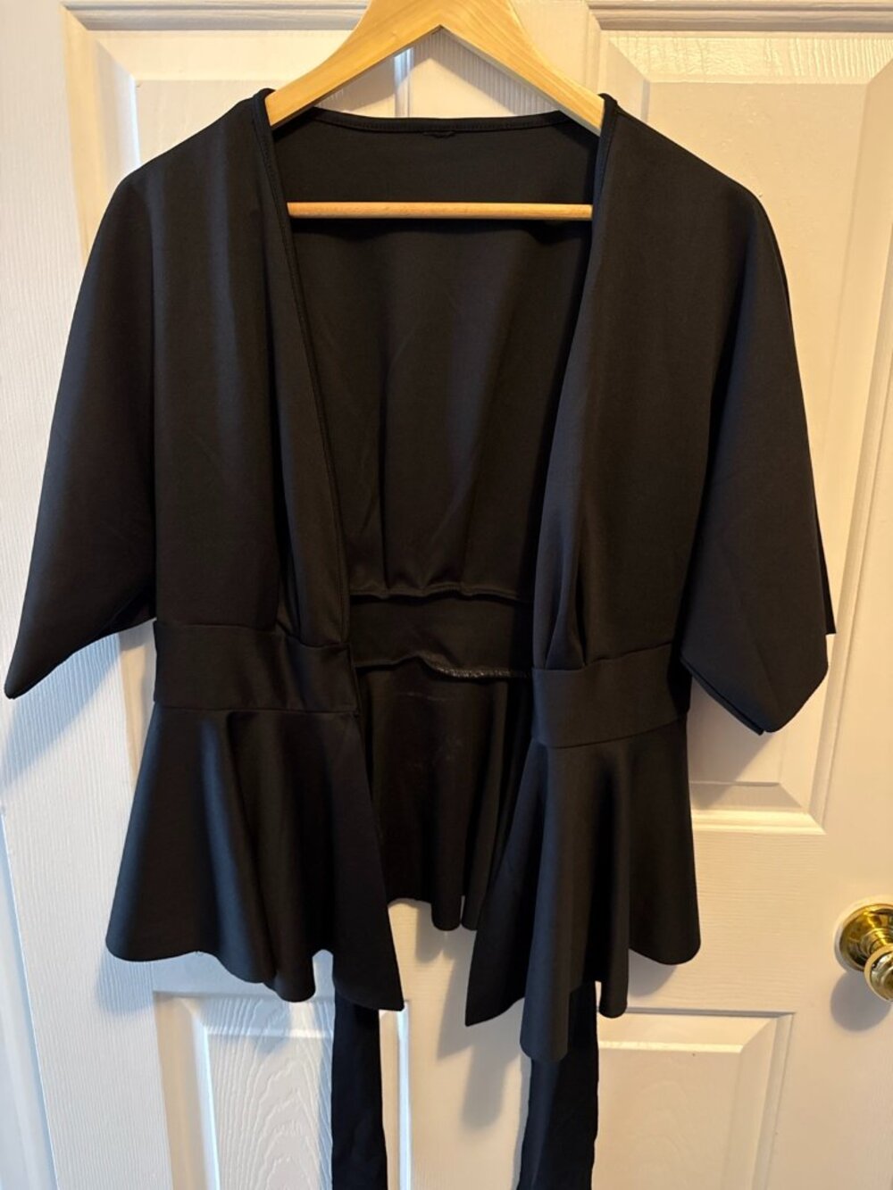 Black Kimono Sleeve Peplum Wrap Tie Waist Top Size Large